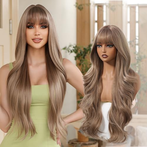 Allbell Blonde Wigs for Women 26 Inch Long Wavy Ombre Brown Wigs With Bangs Synthetic Wig Hair Repalcement Wigs Heat Resisatnt Fiber Hair for Daily Party Use - Image 1