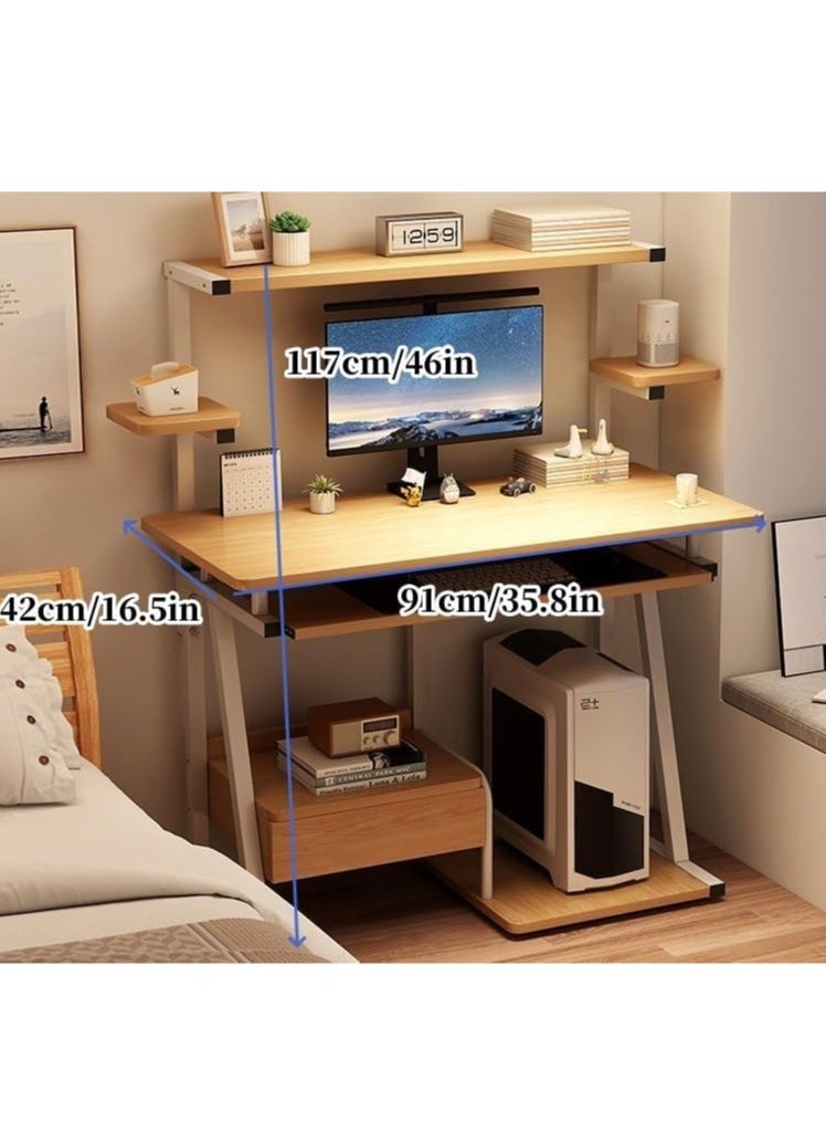 Generic - Computer Desk With Monitor Stand And Storage Shelves Drawer Keyboard Tray Small Computer Desk With Sturdy Metal Frame Home Office Desk Study Table For Small Spaces (Oak And White) - Image 1
