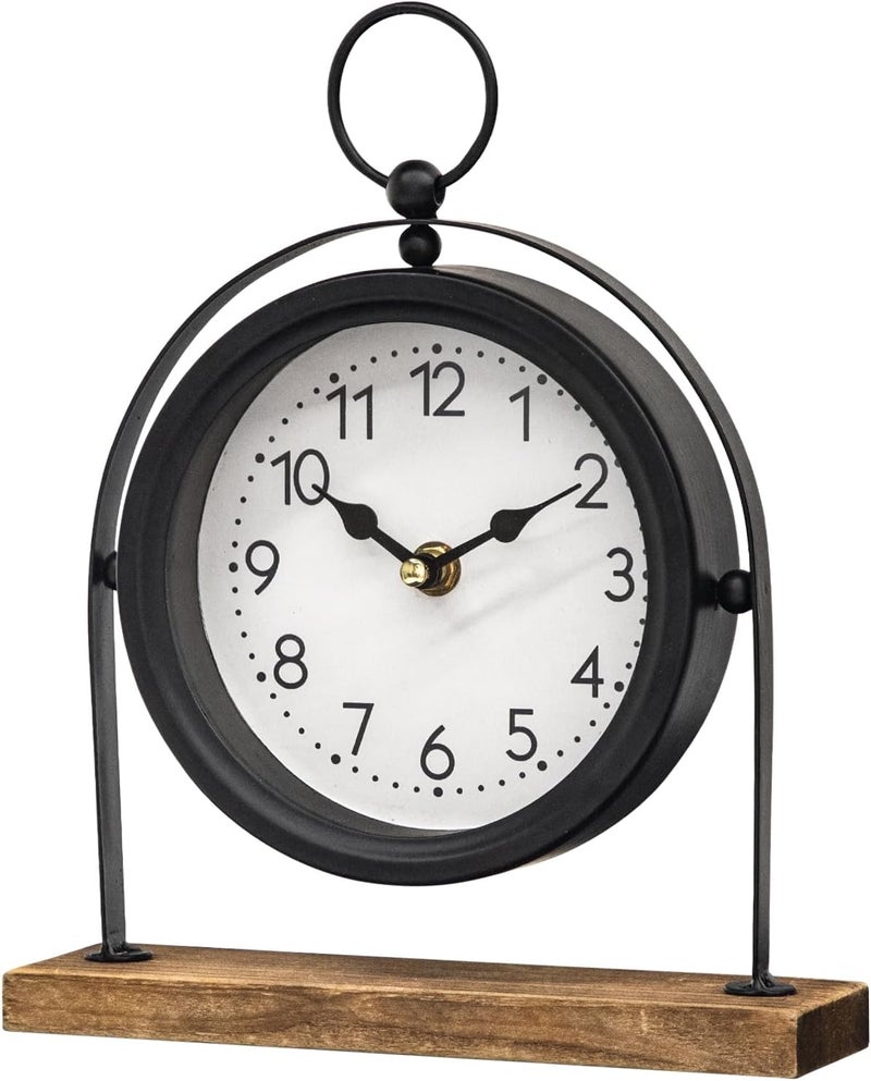JUMBO DECOR Vintage Small Table Clock, Black Metal Farmhouse Table Clock with Wooden Base, Silent Non-Ticking Battery Operated Desk and Shelf Clocks for Living Room, Kitchen, Bedroom Decor - Image 1