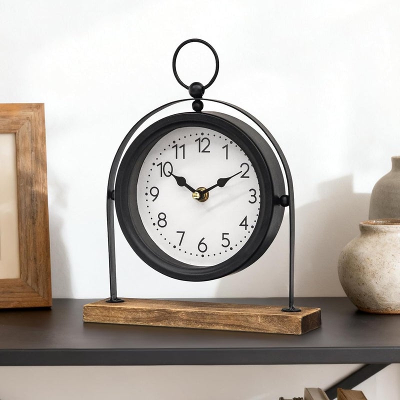 JUMBO DECOR Vintage Small Table Clock, Black Metal Farmhouse Table Clock with Wooden Base, Silent Non-Ticking Battery Operated Desk and Shelf Clocks for Living Room, Kitchen, Bedroom Decor - Image 3