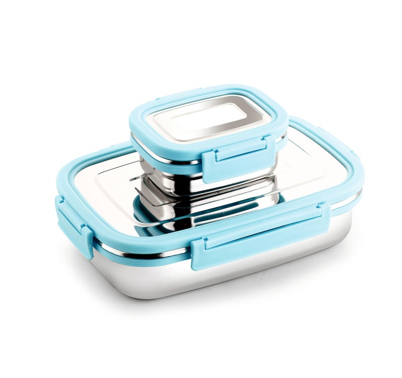 Ganesh Craze Stainless Steel Tiffin Lunch Box Container/Dabba with 4 Side Clip Lock Lid for Office & School Use/Food Grade/Air Tight/Easy to Carry/Leak Proof(900ml 1pc + 200ml 1 Pc) Blue - Image 1
