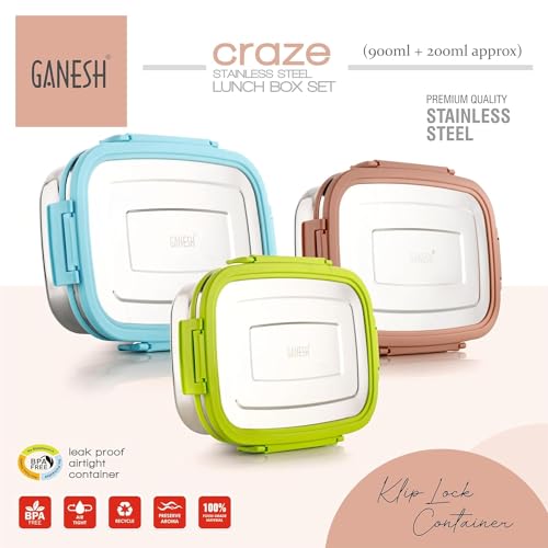 Ganesh Craze Stainless Steel Tiffin Lunch Box Container/Dabba with 4 Side Clip Lock Lid for Office & School Use/Food Grade/Air Tight/Easy to Carry/Leak Proof(900ml 1pc + 200ml 1 Pc) Blue - Image 3
