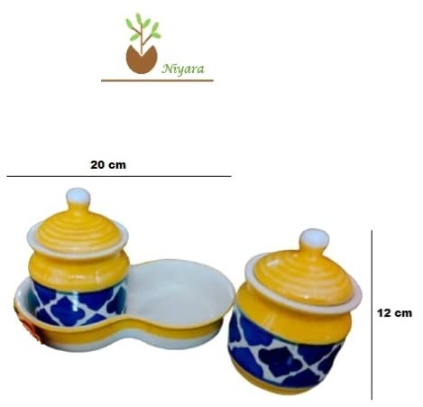 Niyara Multipurpose Storage Ceramic Pickle Set Jars with Lid Tray Set of 2 300 ML Yellow - Image 4