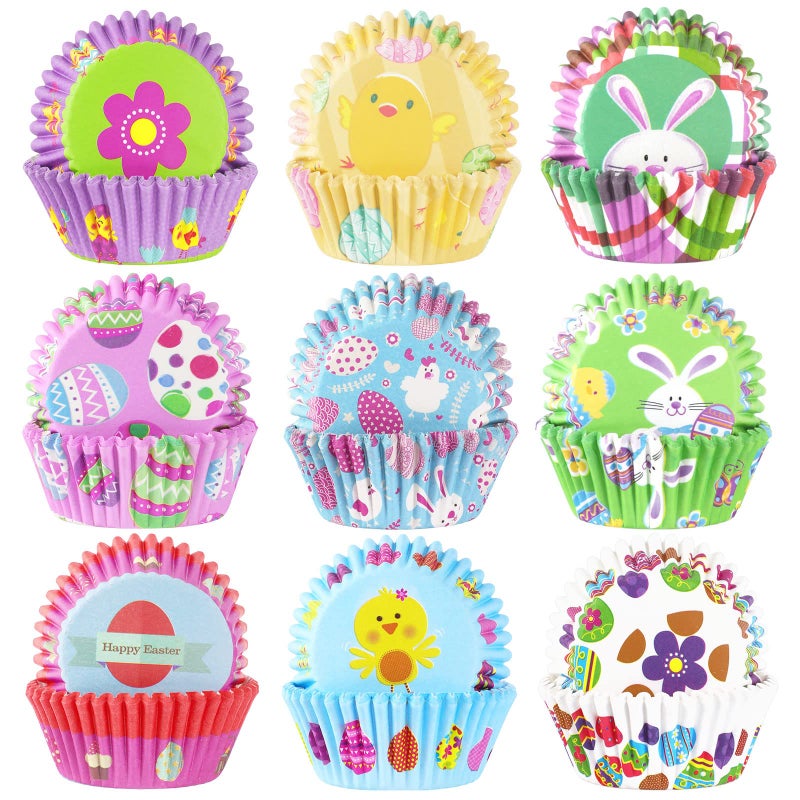 SANNIX 450pcs Easter Cupcake Liners, Bunny Chick Egg Baking Cups Cupcake Wrappers Paper Wraps Muffin Liners for Easter Spring Birthday Party Candy Cake Decorations Supplies(9 Designs) - Image 1