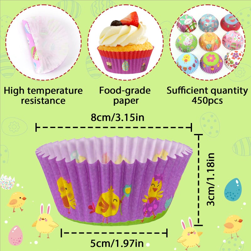 SANNIX 450pcs Easter Cupcake Liners, Bunny Chick Egg Baking Cups Cupcake Wrappers Paper Wraps Muffin Liners for Easter Spring Birthday Party Candy Cake Decorations Supplies(9 Designs) - Image 2