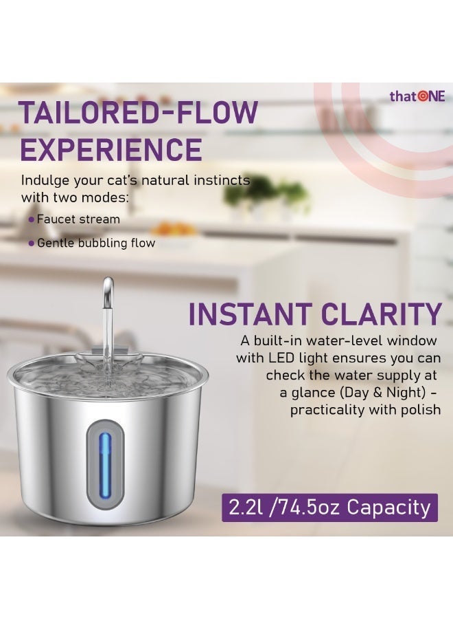 That One Upgraded Stainless Steel Cat Water Fountain, Cat Water Dispenser, Dishwasher-Safe, 2 Water Flow Modes – Ultra Quiet, 4-layer filter with an extra filter and 2 pump sponges - Image 2