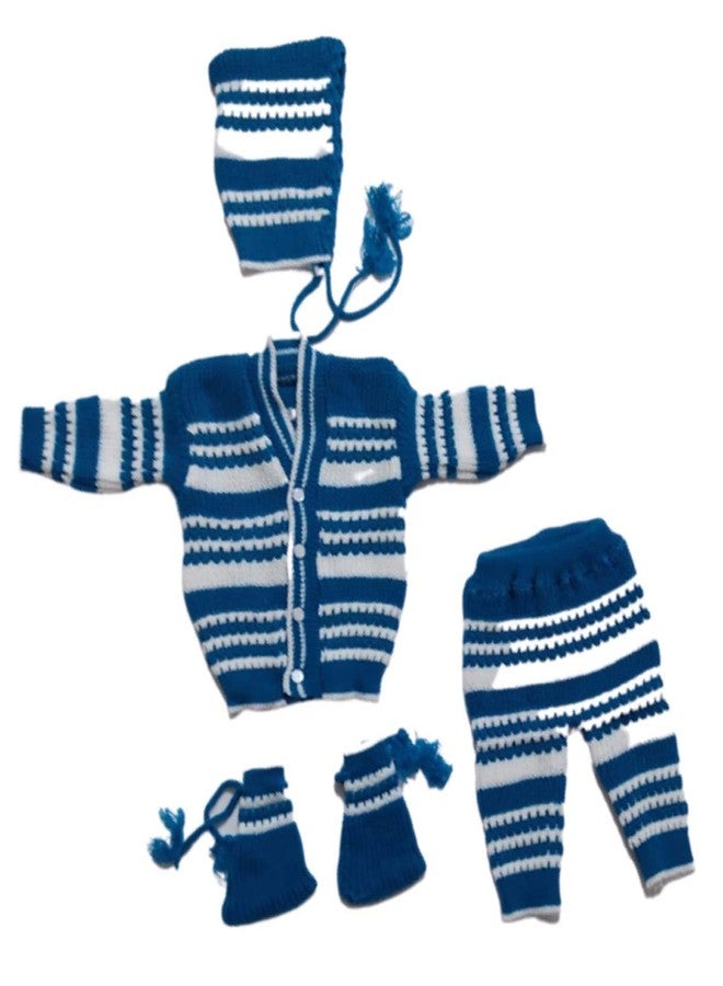 Cute Collection Hand Made New Born Baby Woolen Sweater with Pyjami Cap and Pair of Booties 0 to 3 Months Baby Boy's and Girls (Color, Blue) - Image 1