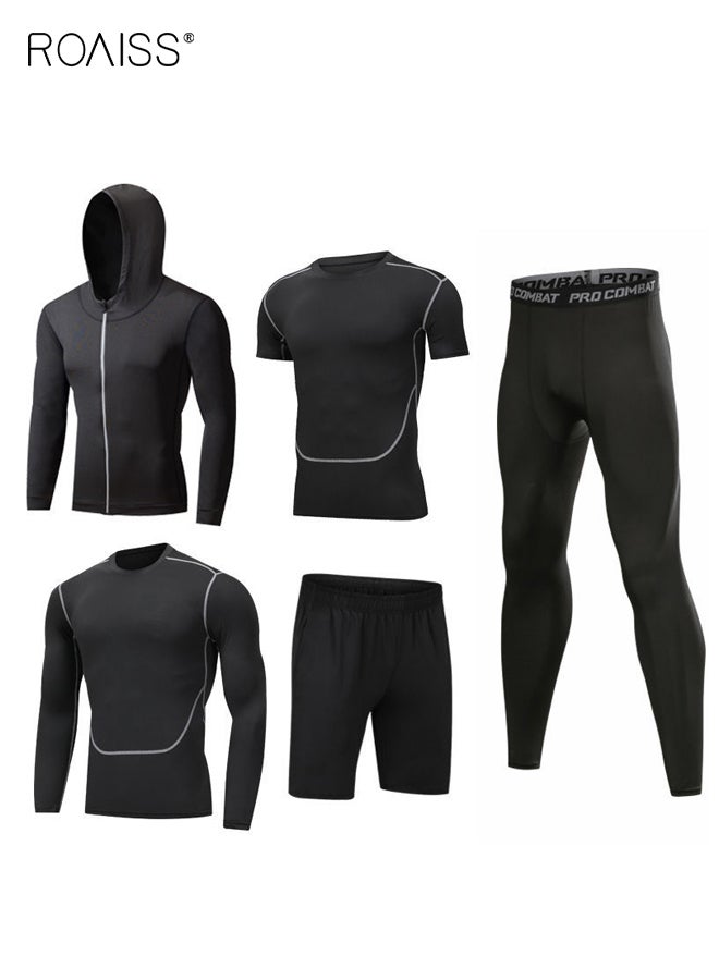 roaiss Mens Workout Sets 5 Piece Gym Training Suit Quick Dry Compression Shirt Athletic Running Clothes Fitness Apparel for Men Sports Outfit - Image 1