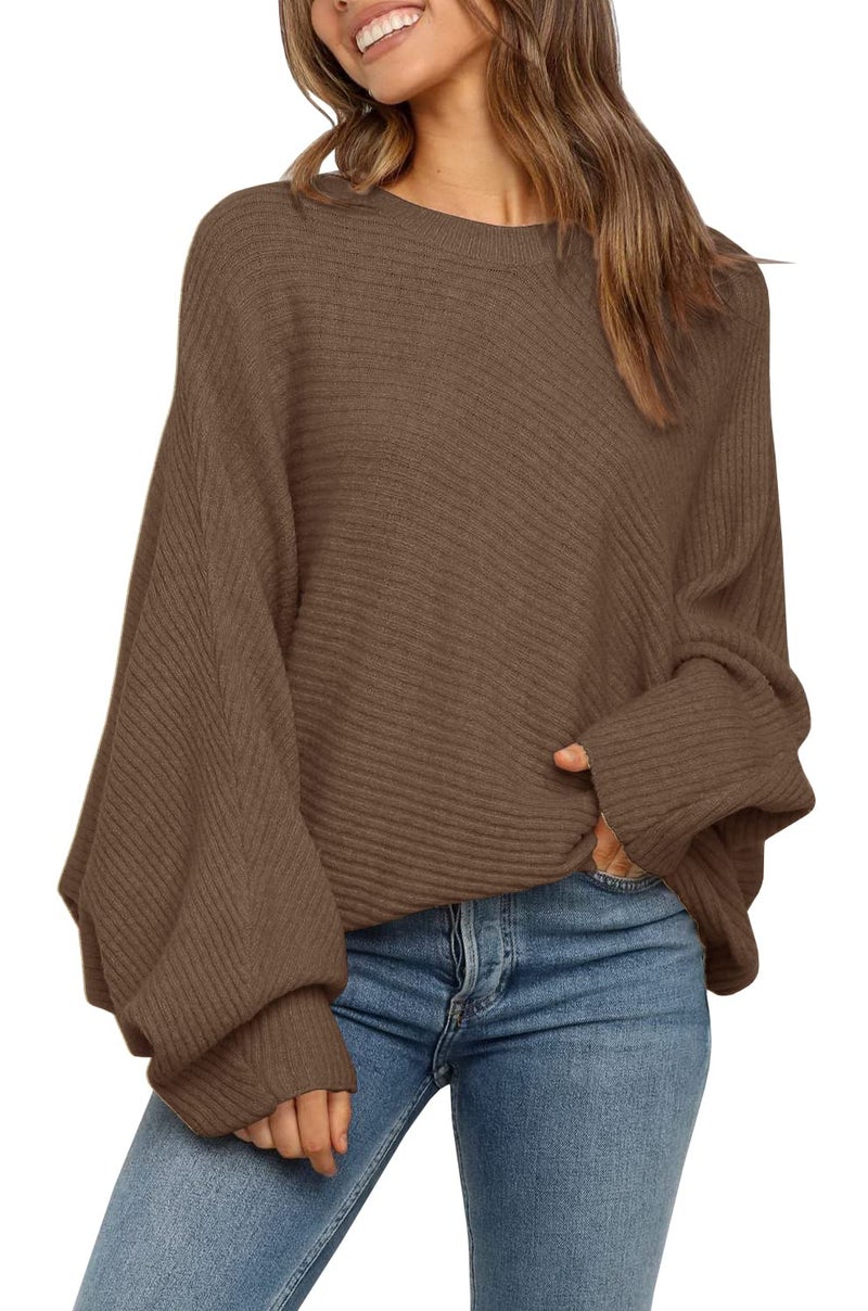 Mafulus Women's Oversized Crewneck Sweater Batwing Puff Long Sleeve Cable Slouchy Pullover Jumper Tops - Image 5