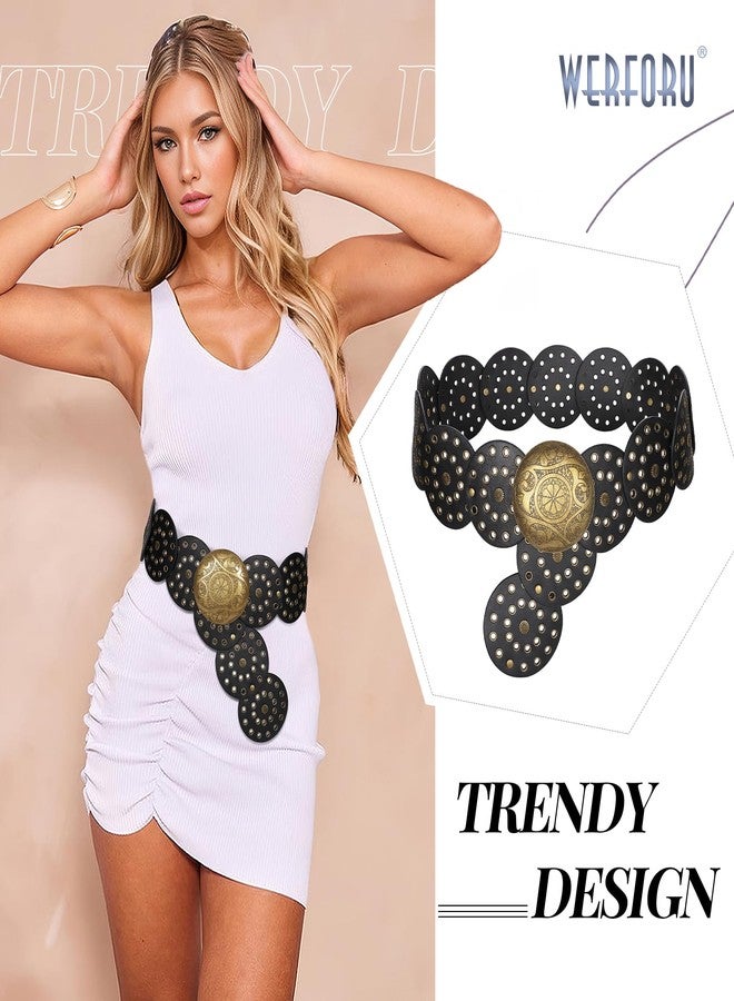 وير فور يو حزام نسائي عتيق من الجلد من WERFORU، حزام خصر غربي مزين بقرص، حزام بوهيمي مناسب للفساتين والجينز (41): يناسب مقاس الخصر أقل من 38 بوصة، إبزيم أسود-برونزي - Image 2