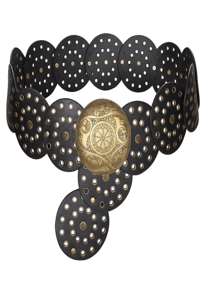 وير فور يو حزام نسائي عتيق من الجلد من WERFORU، حزام خصر غربي مزين بقرص، حزام بوهيمي مناسب للفساتين والجينز (41): يناسب مقاس الخصر أقل من 38 بوصة، إبزيم أسود-برونزي - Image 1