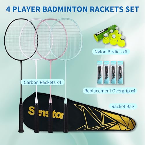 Senston Professional Badminton Rackets Set of 4 - Carbon Fiber, 6 Shuttlecocks, 4 Grips & Bag for Backyard Games | 90g Lightweight - Image 2