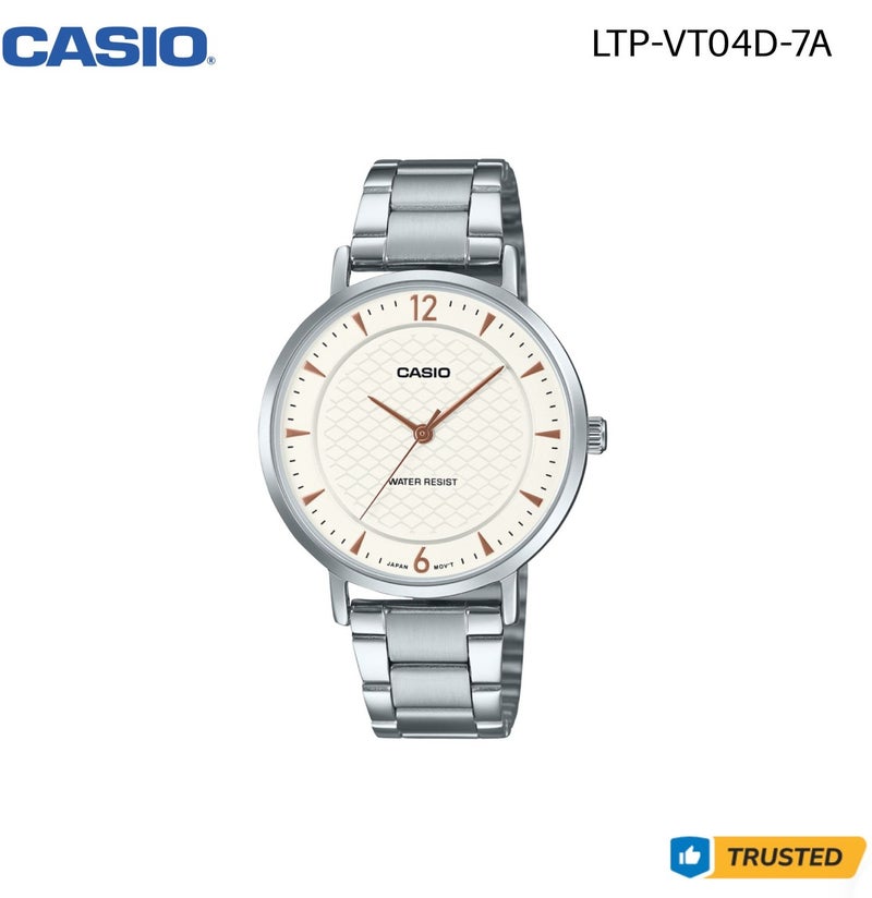 ساعة كاسيو LTP-VT04D-7A نسائية بعقارب وسوار ستانلس ستيل ومينا أبيض