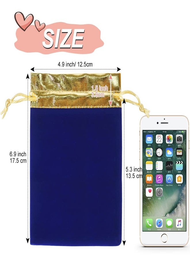 HRX Package 10pcs Velvet Bags 5x7 inch, Royal Blue Gold Cloth Jewelry Pouches Drawstring Baggies Sacks for Small Gift Dice Party Favor - Image 2