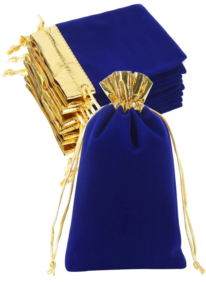 HRX Package 10pcs Velvet Bags 5x7 inch, Royal Blue Gold Cloth Jewelry Pouches Drawstring Baggies Sacks for Small Gift Dice Party Favor - Image 1