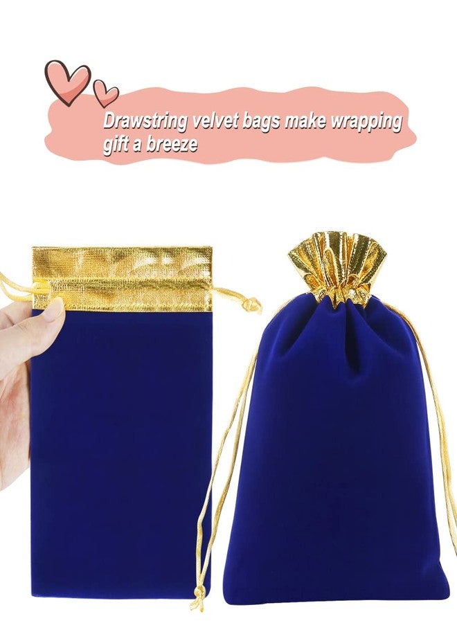 HRX Package 10pcs Velvet Bags 5x7 inch, Royal Blue Gold Cloth Jewelry Pouches Drawstring Baggies Sacks for Small Gift Dice Party Favor - Image 4