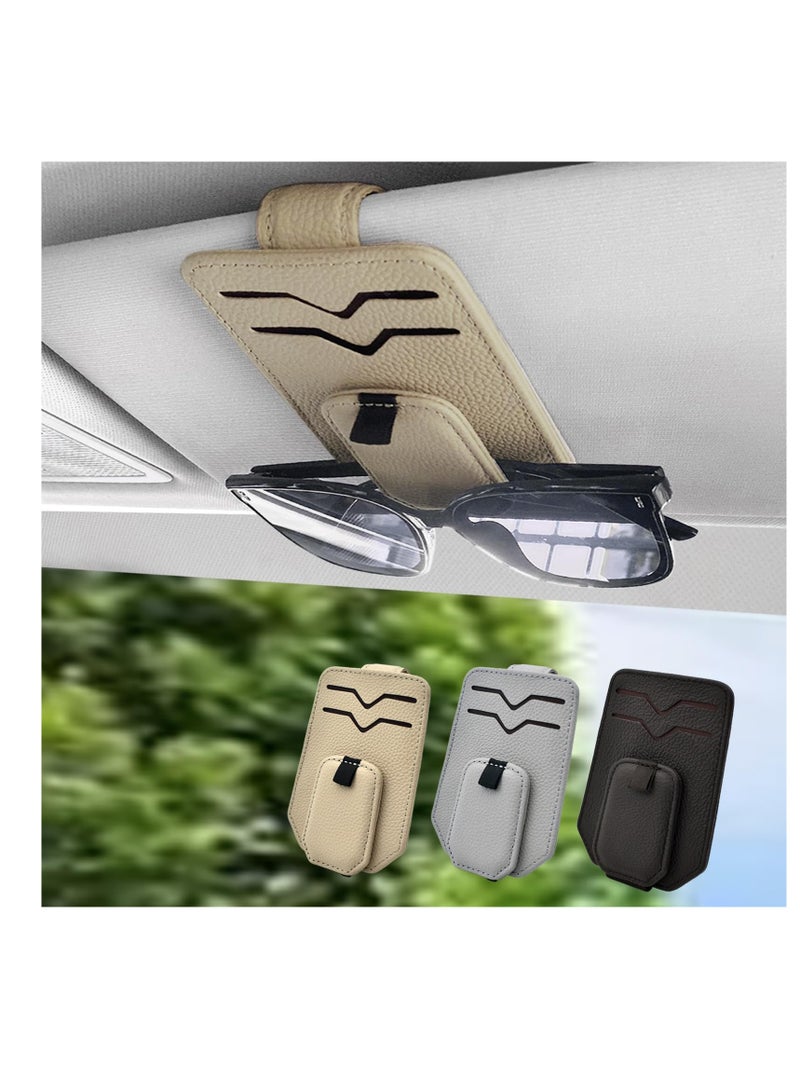 Excefore Sunglasses Holder for Car Sun Visor, 3 Pack Visor Sunglasses Holder Clip, Magnetic Leather Ticket Card Clip, Sunglass Holder for Car, Ticket Card Clip Cash Organizer, Beige, Black, Grey - Image 1