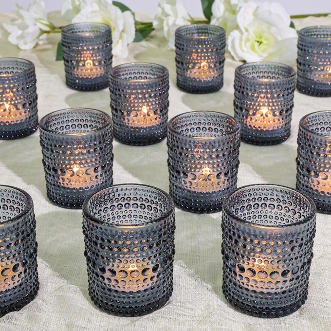 24 PCS VOTIVE CANDLE HOLDERS DARK BLUE GLASS CANDLE HOLDER BULK FOR TABLE CENTERPIECE TEA LIGHTS CANDLE HOLDERS FOR WEDDING SHOWER PARTY AND HOME DECOR