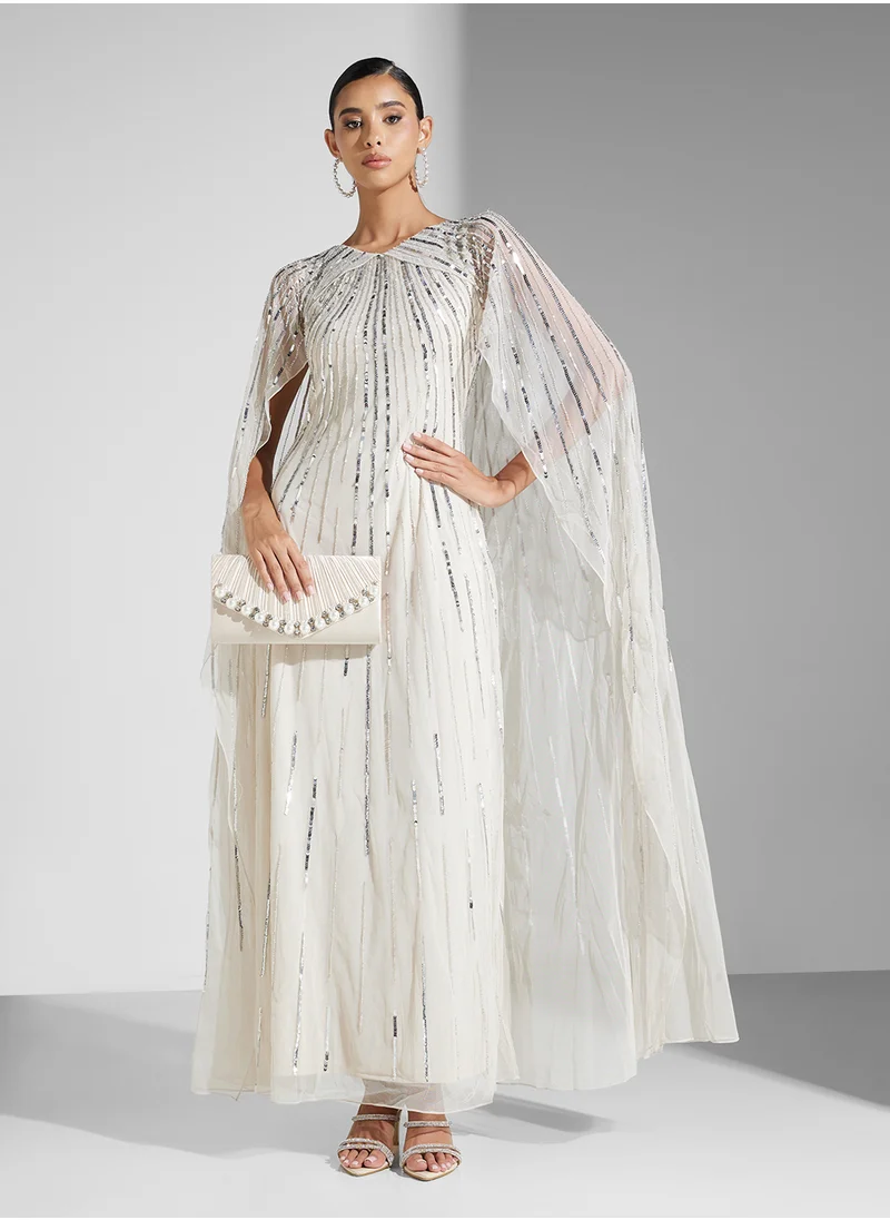 Amelia Rose Embellished Crew Neck  Flared Sleeve Dress