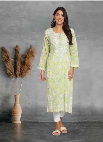 Alaya Hand Embroidered Chikan Printed Mulmul Straight Kurta-AL3680