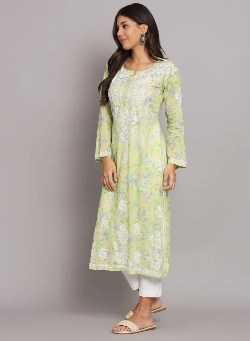 Alaya Hand Embroidered Chikan Printed Mulmul Straight Kurta-AL3680