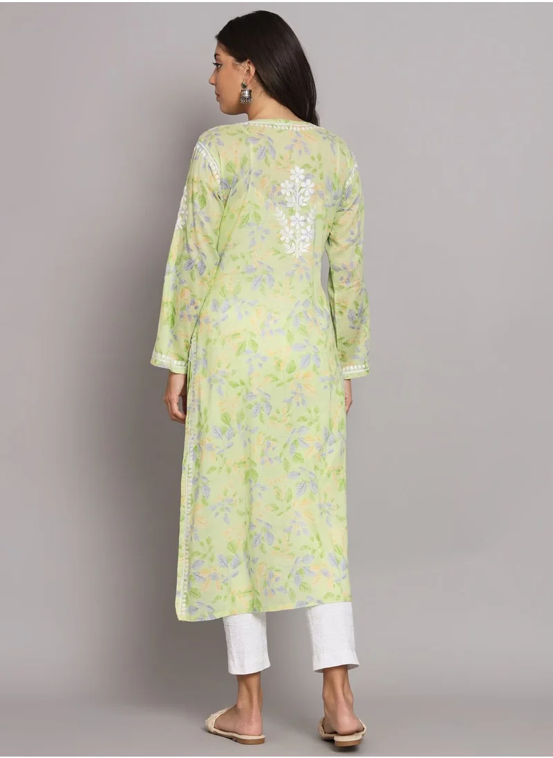 Alaya Hand Embroidered Chikan Printed Mulmul Straight Kurta-AL3680