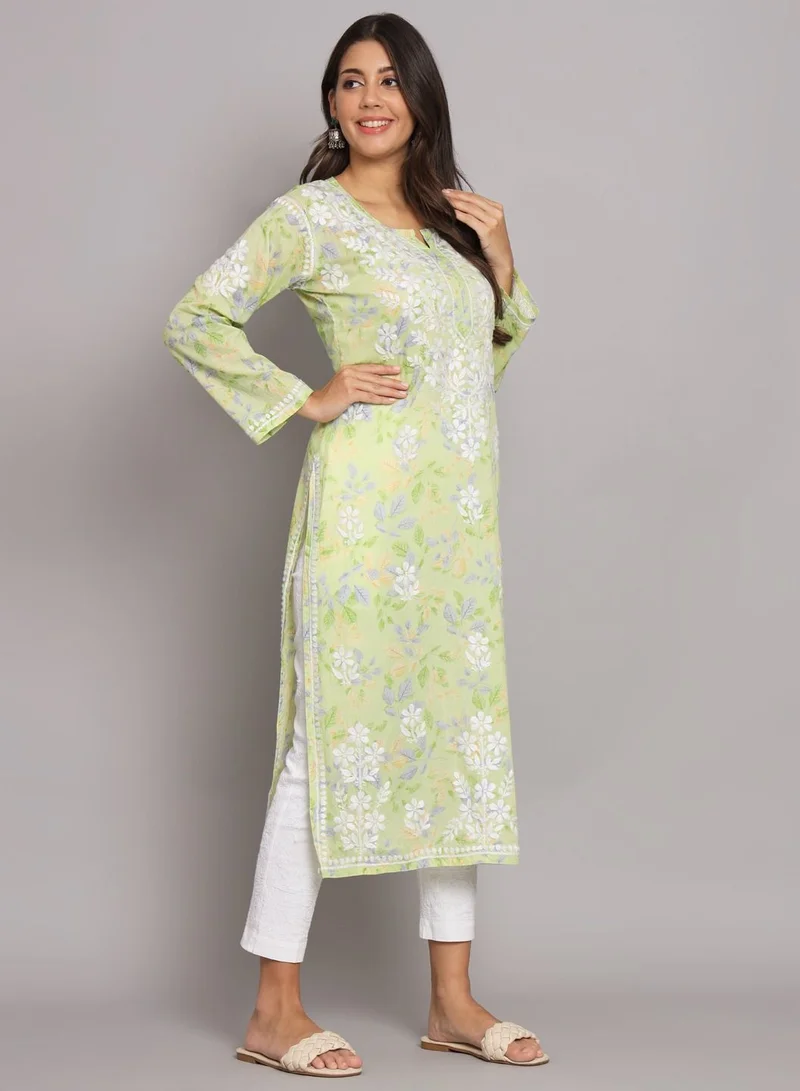 Alaya Hand Embroidered Chikan Printed Mulmul Straight Kurta-AL3680