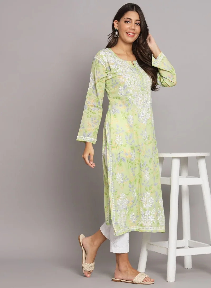 Alaya Hand Embroidered Chikan Printed Mulmul Straight Kurta-AL3680