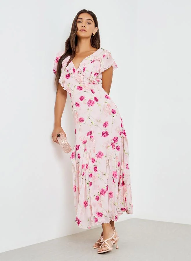 Styli Women Pink Floral Maxi Dress with Ruffle Detail