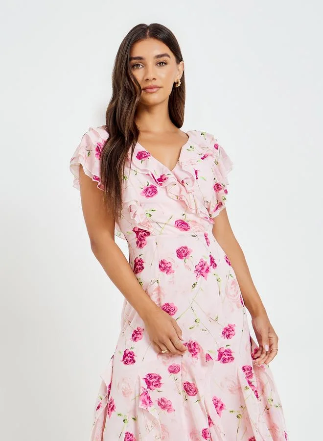Styli Women Pink Floral Maxi Dress with Ruffle Detail