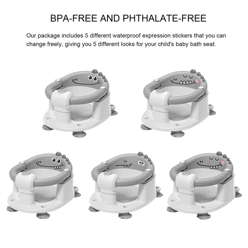 TPN Baby Bath Seat for Babies 6 Months & Up, Non-Slip Toddler Bath Seat with 5 PCS Waterproof Emoji Stickers, Portable Infant Bath Seat for Baby(Grey) - Image 2