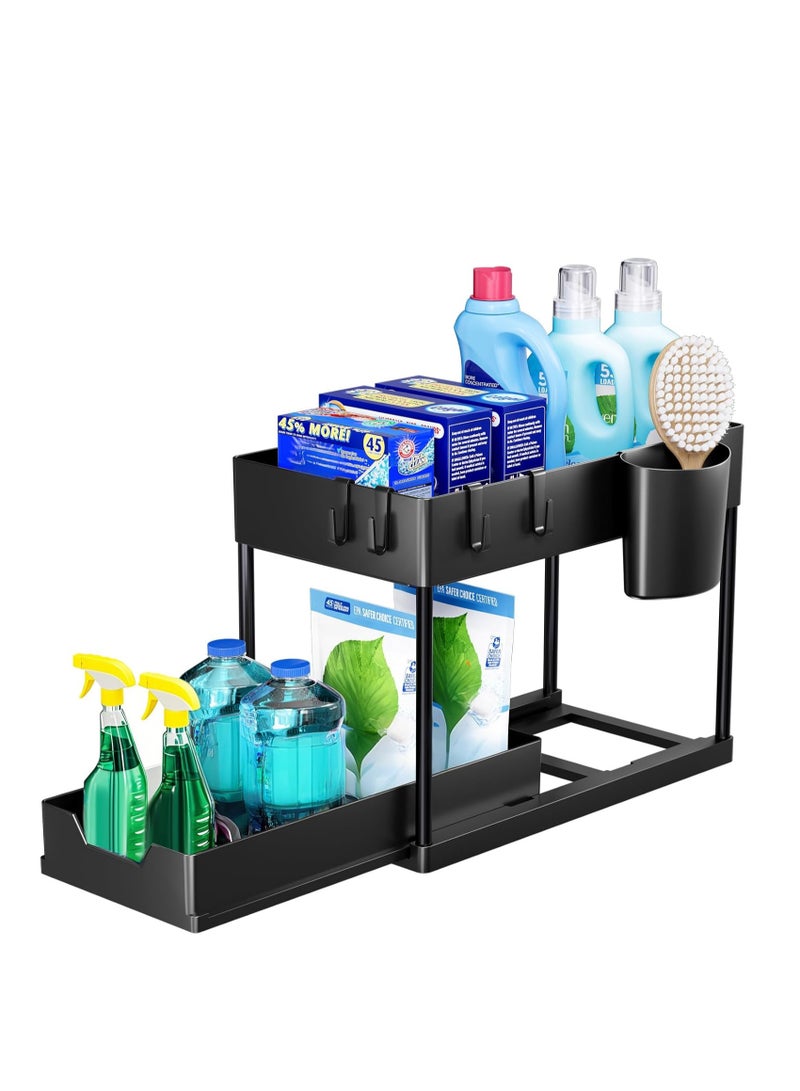 منظم مطبخ قائم بطبقتين، رف توابل، رف أسفل الخزانة، رف حوض، أسود - Image 1