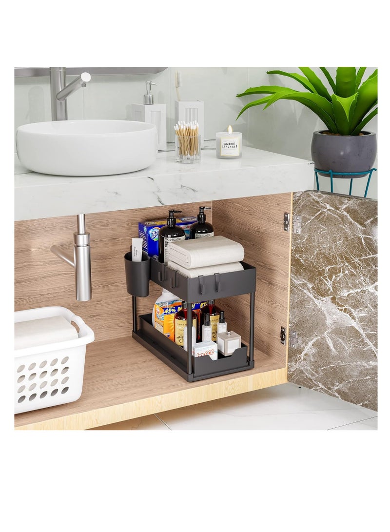 منظم مطبخ قائم بطبقتين، رف توابل، رف أسفل الخزانة، رف حوض، أسود - Image 3