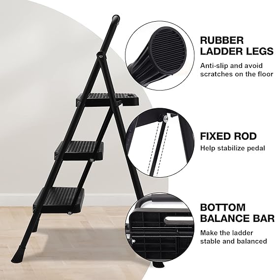 IMUU 3 Step Ladder with Handle Folding Step Stool Heavy Duty Metal Material Wide AntiSlip Pedal Convenient Handgrip Lightweight Step Ladder Portable for Household and Office Black - Image 3