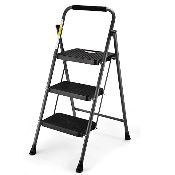 IMUU 3 Step Ladder with Handle Folding Step Stool Heavy Duty Metal Material Wide AntiSlip Pedal Convenient Handgrip Lightweight Step Ladder Portable for Household and Office Black - Image 1