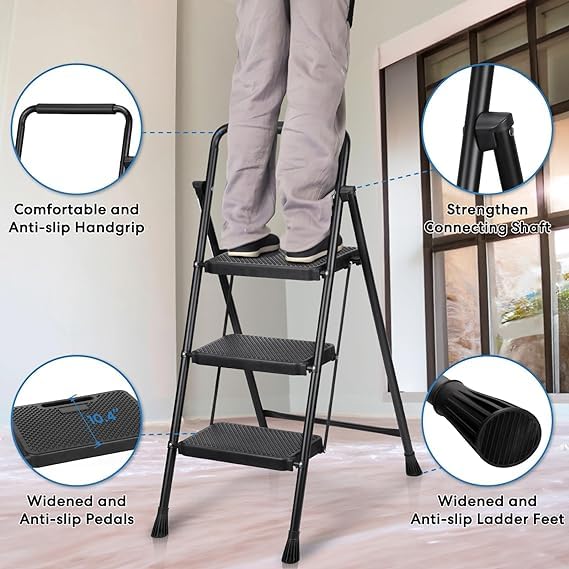 IMUU 3 Step Ladder with Handle Folding Step Stool Heavy Duty Metal Material Wide AntiSlip Pedal Convenient Handgrip Lightweight Step Ladder Portable for Household and Office Black - Image 5