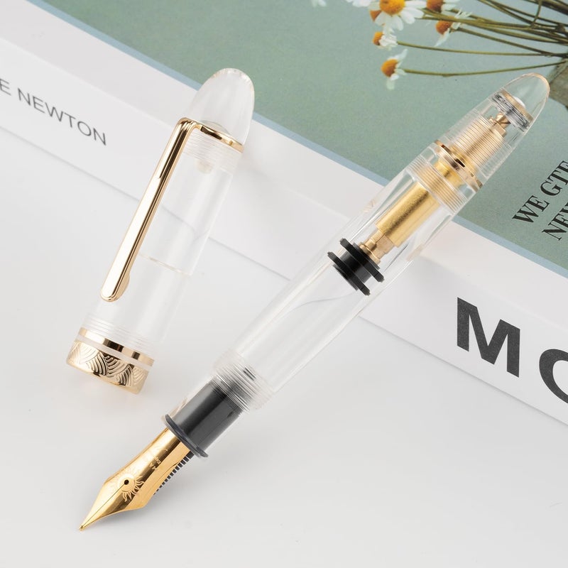 erofa Majohn P140 Piston Fountain Pen NO.8 Fine Nib, Large Capacity Transparent White Acrylic Writing Gift Pen with Box - Image 3