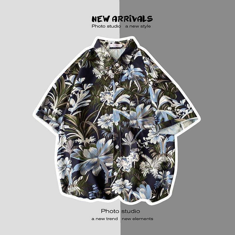 Thai Short-Sleeved Printed Shirt for Men on the Beach, Handsome Retro Hong Kong Style Vintage Floral Versatile Trendy Wholesale - Image 1