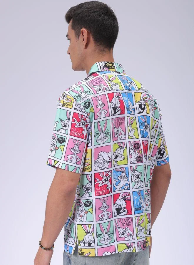 ذا انديان كراج كو Men Loose Fit Character Printed Half Sleeves Cuban Collar Street Wear Over Shirt