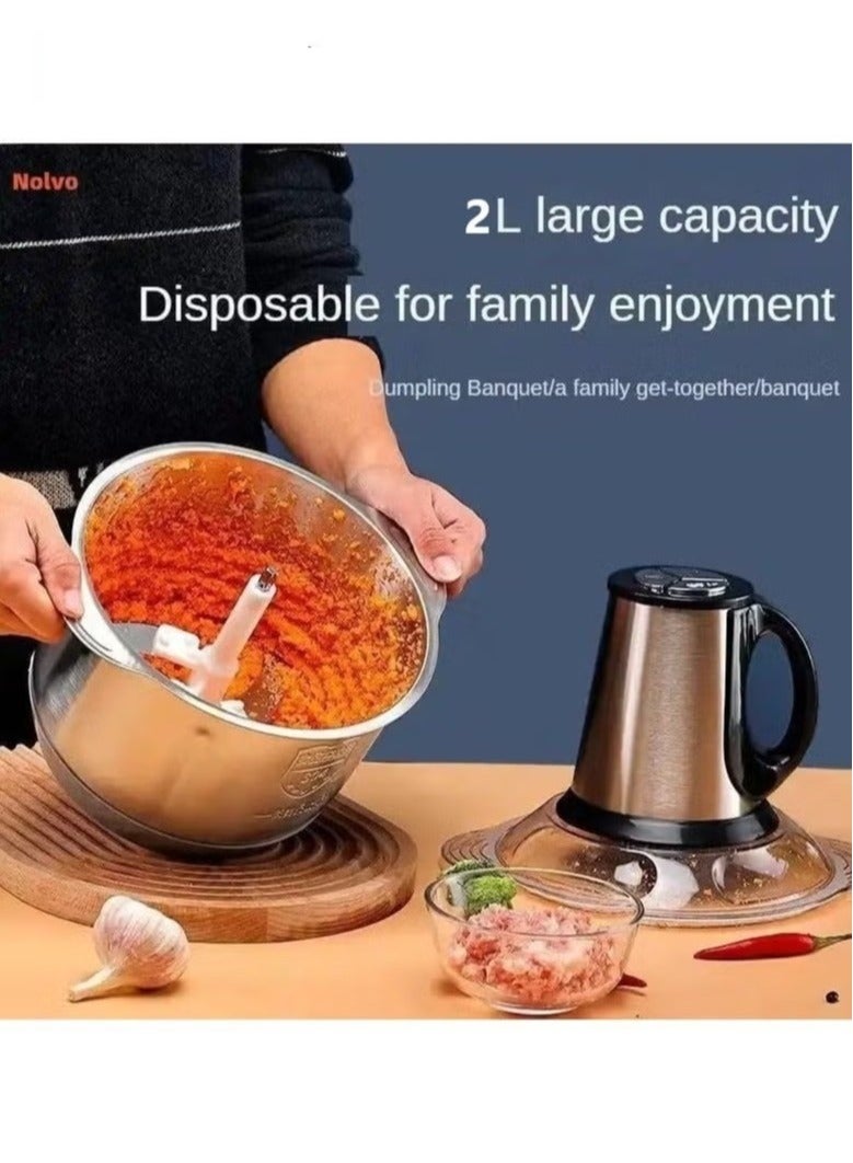 مفرمة لحوم كهربائية 2 لتر , 3 سرعات قابلة للتعديل 200 واط من الستانلس ستيل، محضر طعام للمطبخ متعدد الوظائف من الستانلس ستيل، مفرمة منزلية للحوم والبصل والخضروات والمكسرات - Image 2