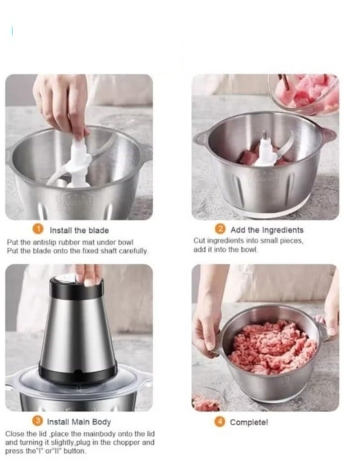 مفرمة لحوم كهربائية 2 لتر , 3 سرعات قابلة للتعديل 200 واط من الستانلس ستيل، محضر طعام للمطبخ متعدد الوظائف من الستانلس ستيل، مفرمة منزلية للحوم والبصل والخضروات والمكسرات - Image 5