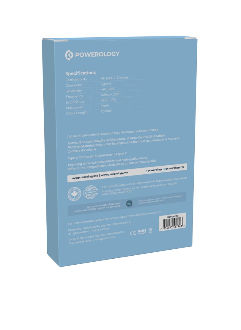 Powerology - Mono USB-C Earphones 1.2M - Black - Image 1