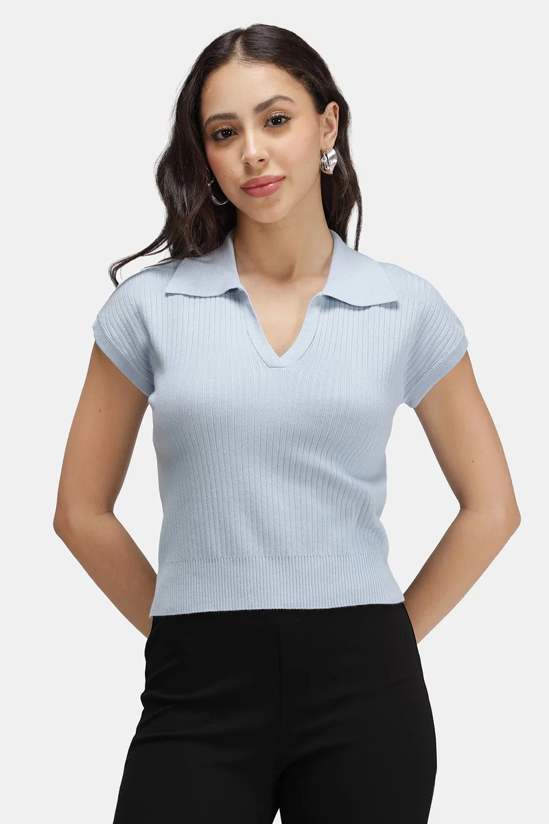 فيرجيو Solid Viscose Ribbed Knit Crop Polo Vest for Women