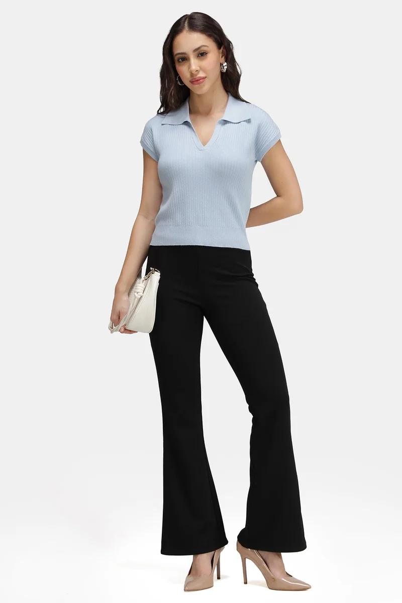 فيرجيو Solid Viscose Ribbed Knit Crop Polo Vest for Women