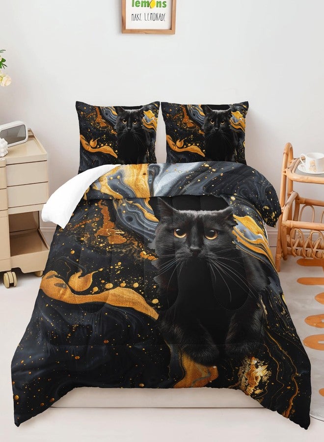 Suncloris Cute Cat Comforter Set, Black Gold Marble Cat Bedding Bedspread for Kids and Adults, Kitty Lover's Animal Themed Quilt Bedroom Decor with 2 Pillow Cases (MarbleCat, Twin) - Image 1