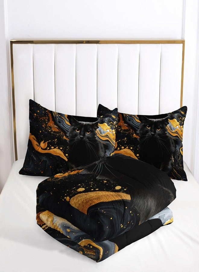 Suncloris Cute Cat Comforter Set, Black Gold Marble Cat Bedding Bedspread for Kids and Adults, Kitty Lover's Animal Themed Quilt Bedroom Decor with 2 Pillow Cases (MarbleCat, Twin) - Image 4