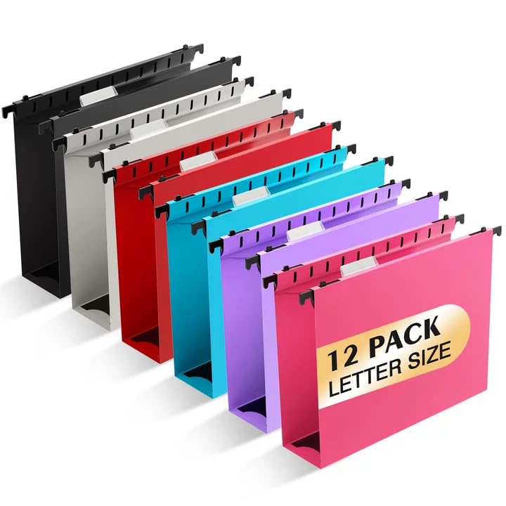 SHUTEX Extra Capacity Plastic Hanging File Folder, 12 Pack Reinforced Hang Folders Letter Size, Heavy Duty 2 Inch Expansion Filing Cabinet Folders for Bulk Files, Medical Charts, Assorted Colors - Image 1