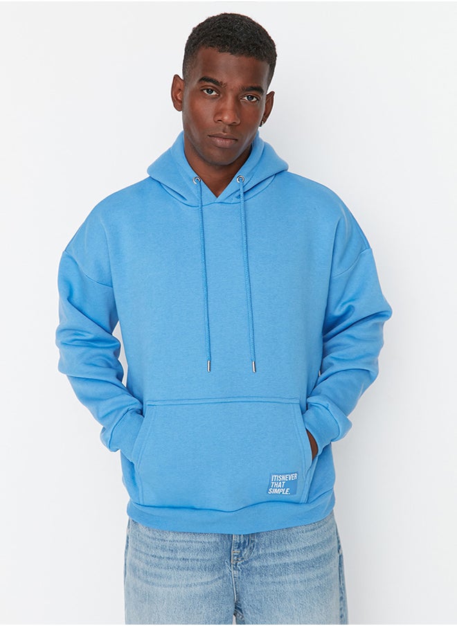 trendyol Basic Blue Oversize Hooded Labeled Fleece Cotton Sweatshirt TMNAW21SW2005  - Image 4