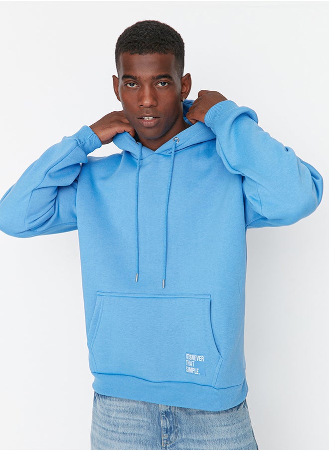 trendyol Basic Blue Oversize Hooded Labeled Fleece Cotton Sweatshirt TMNAW21SW2005  - Image 5