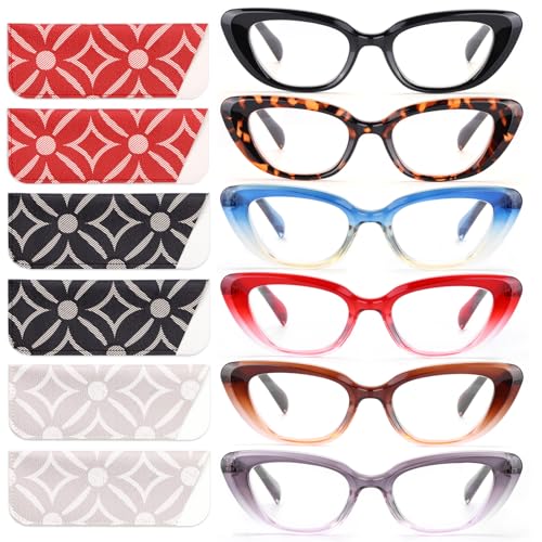CHOFILORD 6 Pack Cat Eye Reading Glasses for Women Fashion Cute Blue Light Blocking Computer Readers Spring Hinge (A 6C Mixed, 0.00, multiplier_x) - Image 1
